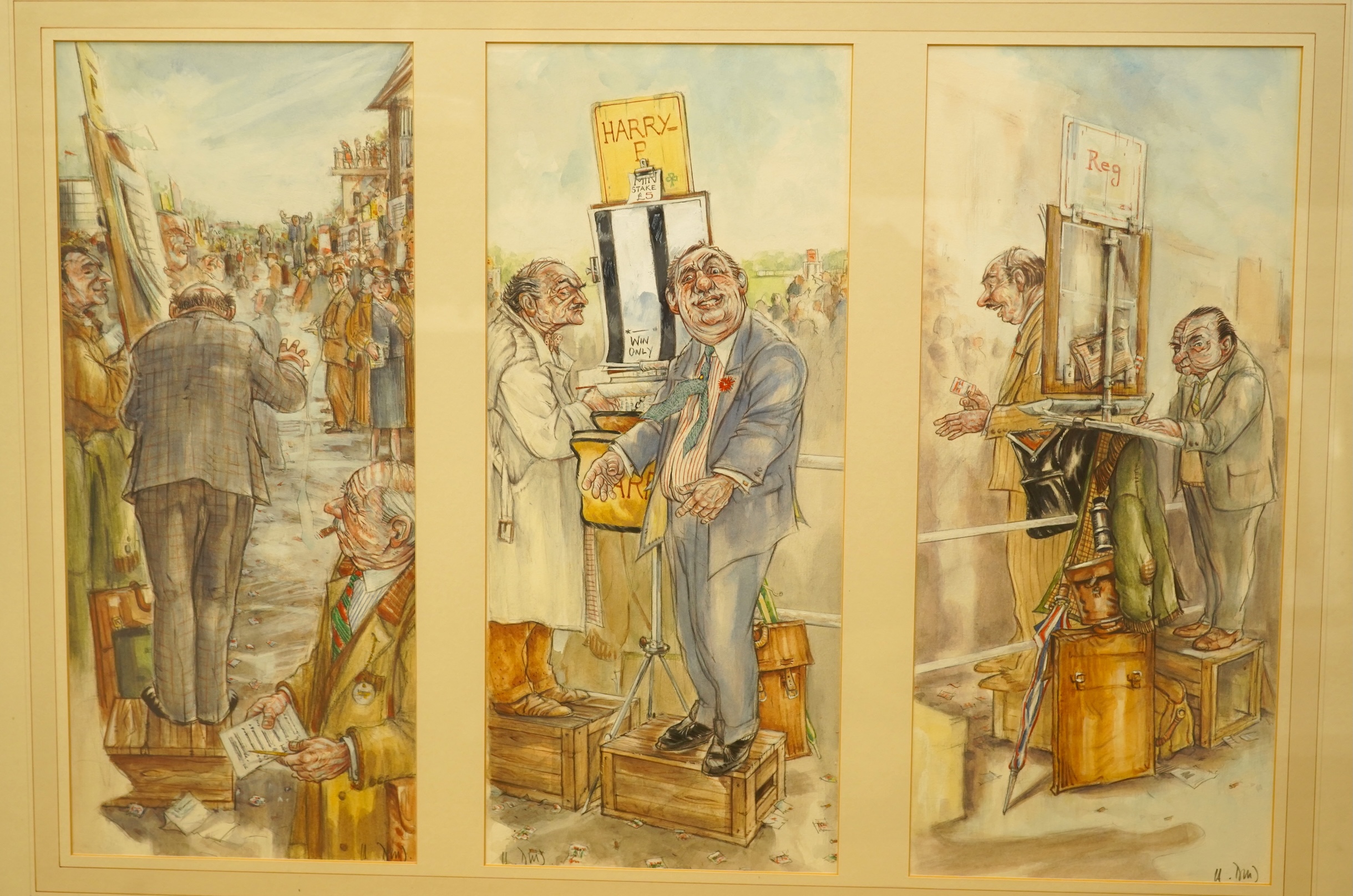 Hugh Dodd (Scottish, 1948-2014), ‘The Sporting Life’, each signed, set of three gouaches, mounted and framed as one, each 43 x 19cm